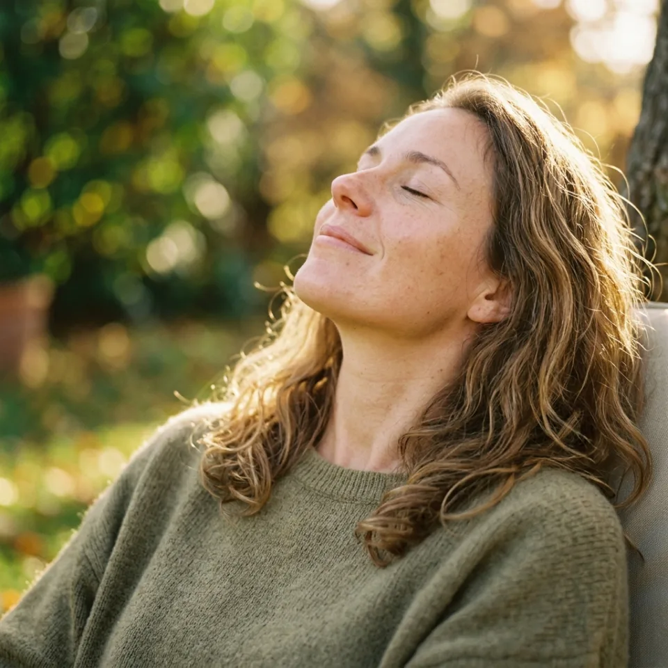 Woman smiling peacefully with clear mind and steady energy