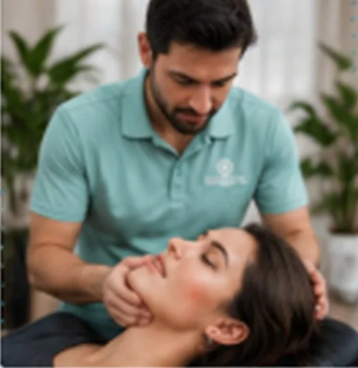 Dr. Daniel Goodman performing gentle jaw and upper cervical palpation on patient
